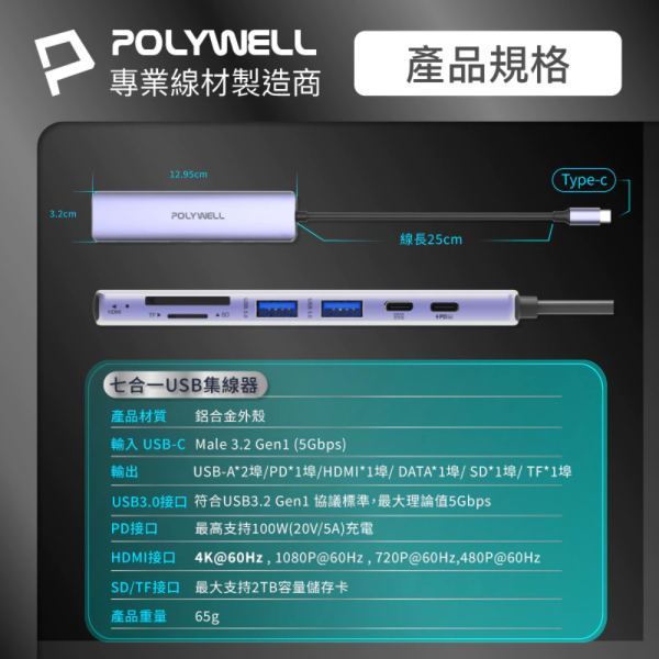 POLYWELL 寶利威爾 Type-C 七合一 集線器 HUB 100W PD 快充 5G HDMI SD TF 