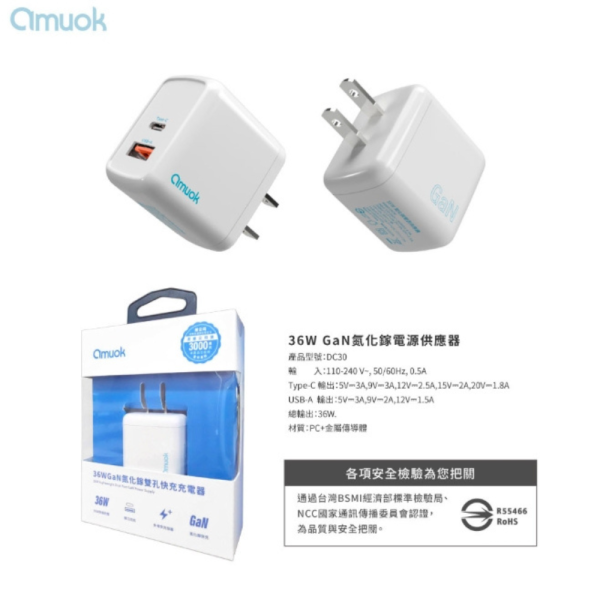 amuok 36W 二孔 氮化鎵 充電頭 充電器 快充頭 適 iphone 16e 17 15 16 