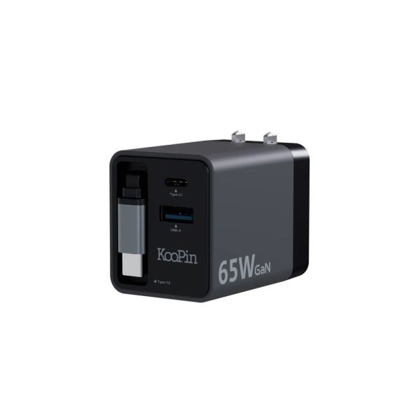 KooPin 氮化鎵 自帶Type C伸縮線 65W PD 三孔 快速 充電器 充電頭 適iPhone 17 16 15 