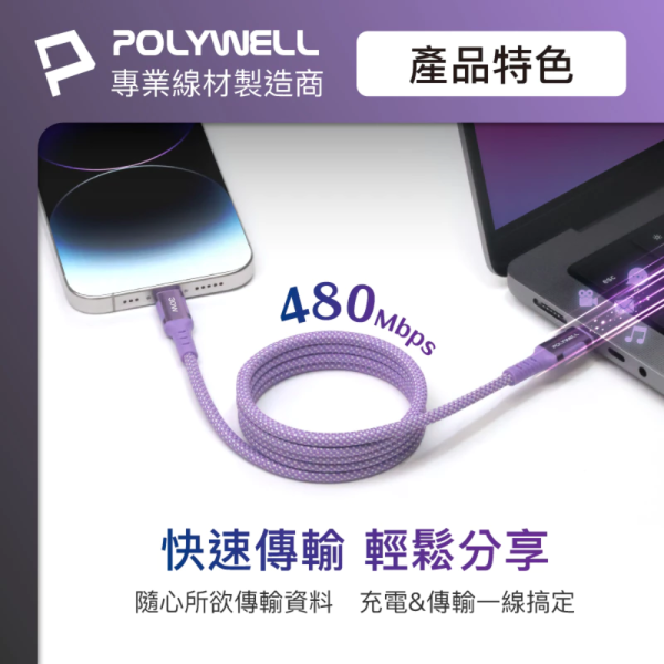 POLYWELL 寶利威爾 磁吸 收納 PD 快充線 C To L 鋁合金 編織線 iPhone 13 14 iPad 