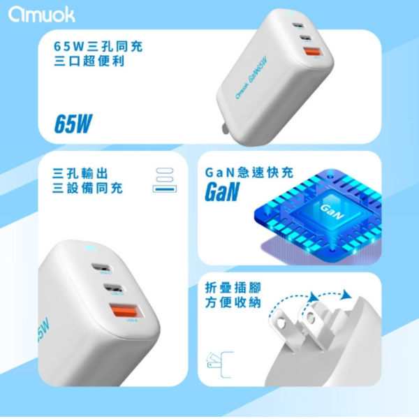 amuok 65W 三孔 氮化鎵 充電頭 充電器 快充頭 適 iphone 16e 17 15 16 s25 