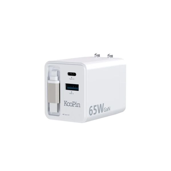 KooPin 氮化鎵 自帶Type C伸縮線 65W PD 三孔 快速 充電器 充電頭 適iPhone 17 16 15 