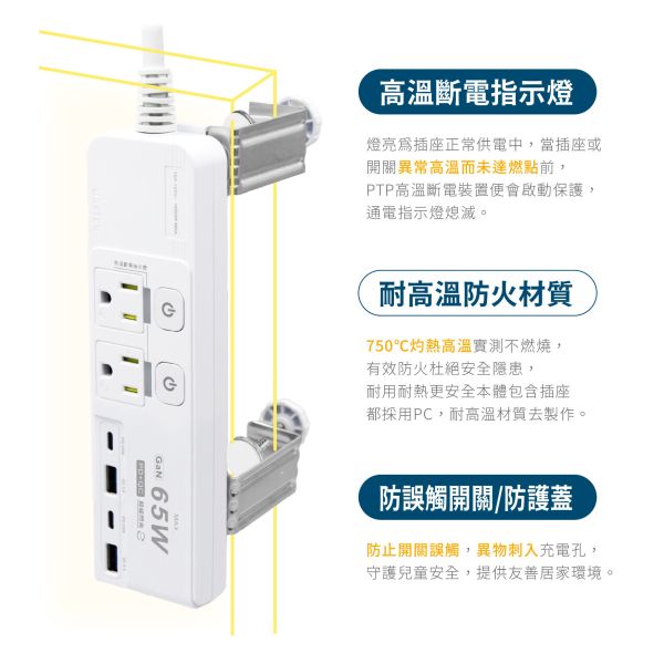 Palladium 3開4插 2+3P GaN65W+QC3.0 快充延⾧線 充電器 延長線 K-202PLC+C 