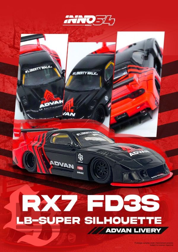 INNO64 1/64 馬自達 自由步行 LBWK MAZDA RX7 (FD3S) LB-SUPER SILHOUETTE "ADVAN LIVERY" 橫濱ADVAN配色 IN64-LBWK-RX7-05 INNO64 1/64 馬自達 自由步行 LBWK MAZDA RX7 (FD3S) LB-SUPER SILHOUETTE "ADVAN LIVERY" 橫濱ADVAN配色 IN64-LBWK-RX7-05