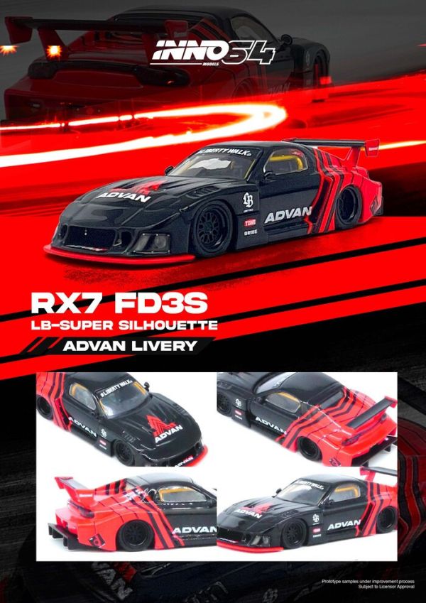 INNO64 1/64 馬自達 自由步行 LBWK MAZDA RX7 (FD3S) LB-SUPER SILHOUETTE "ADVAN LIVERY" 橫濱ADVAN配色 IN64-LBWK-RX7-05 INNO64 1/64 馬自達 自由步行 LBWK MAZDA RX7 (FD3S) LB-SUPER SILHOUETTE "ADVAN LIVERY" 橫濱ADVAN配色 IN64-LBWK-RX7-05
