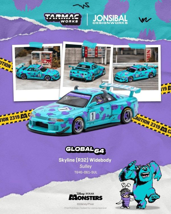 (預購) TARMAC WORKS × 迪士尼 皮克斯 1/64 日產 GLOBAL64 Skyline R32 Widebody 怪獸大學 蘇利文長角 特別版 Designed by Jon Sibal 20261025 TARMAC WORKS × 迪士尼 皮克斯 1/64 日產 GLOBAL64 Skyline R32 Widebody 怪獸大學 蘇利文長角 特別版 Designed by Jon Sibal