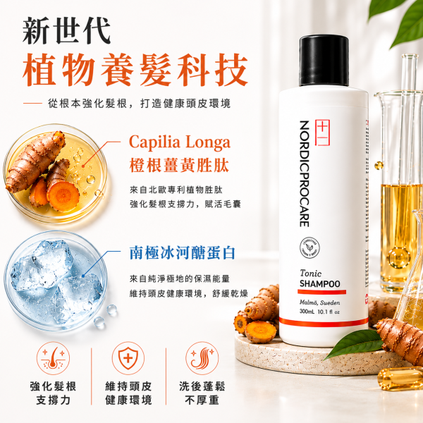 【強健髮根】北歐風華洗髮乳 300ml 異常落髮
髮線變寬
豐盈蓬鬆
強健髪根
頭髮變細
活絡頭皮