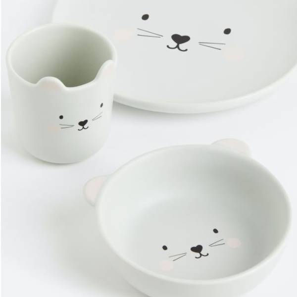 灰色貓咪兒童杯盤兩件組 