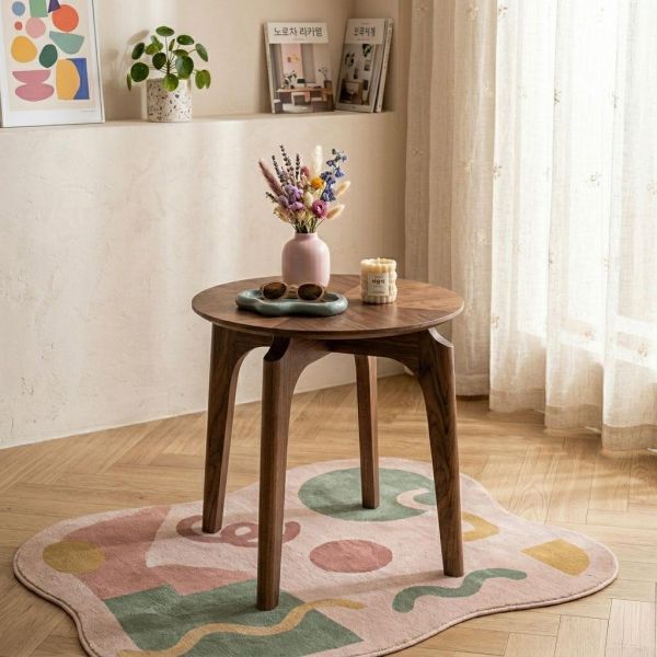 胡桃木圓形邊几 