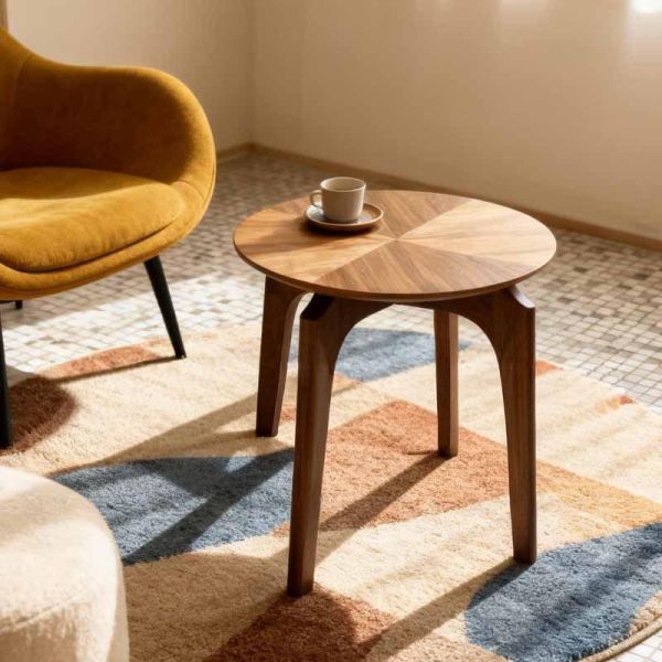 胡桃木圓形邊几 