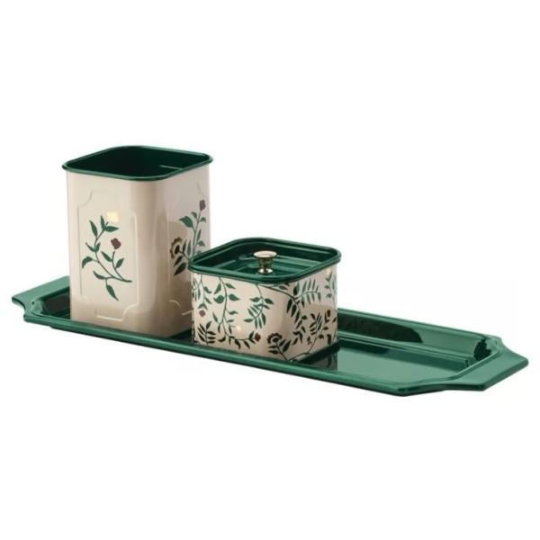 米白綠花鐵罐三件組 筆筒 茶罐 