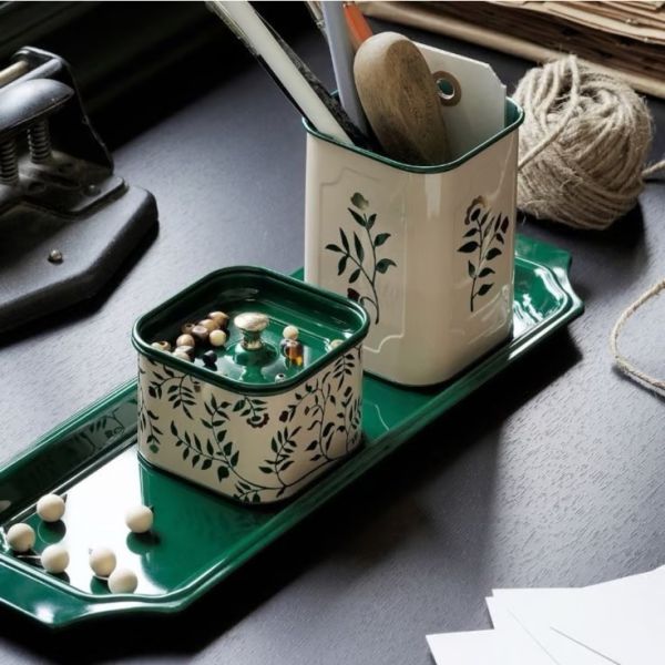 米白綠花鐵罐三件組 筆筒 茶罐 