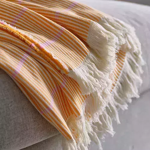 橘白條紋蓋毯 