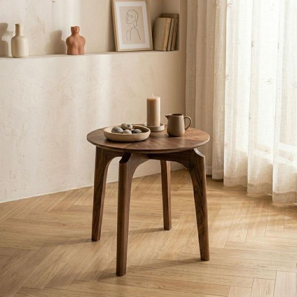 胡桃木圓形邊几 