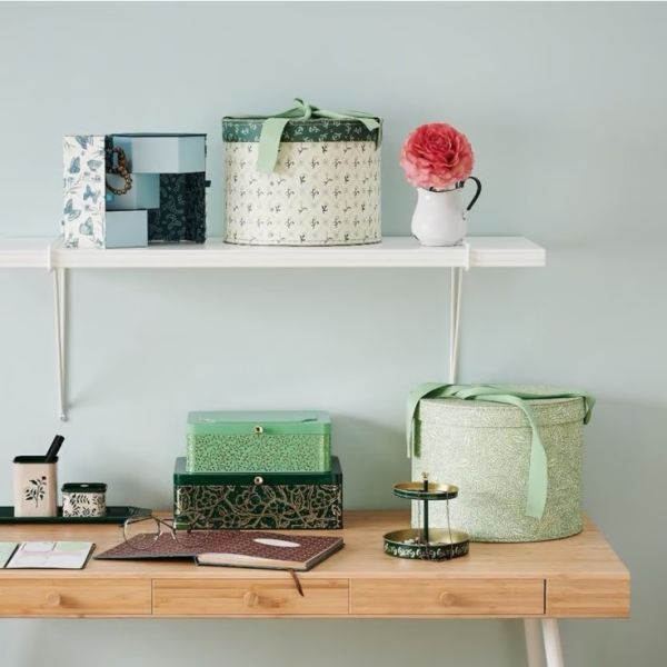 米白綠花鐵罐三件組 筆筒 茶罐 