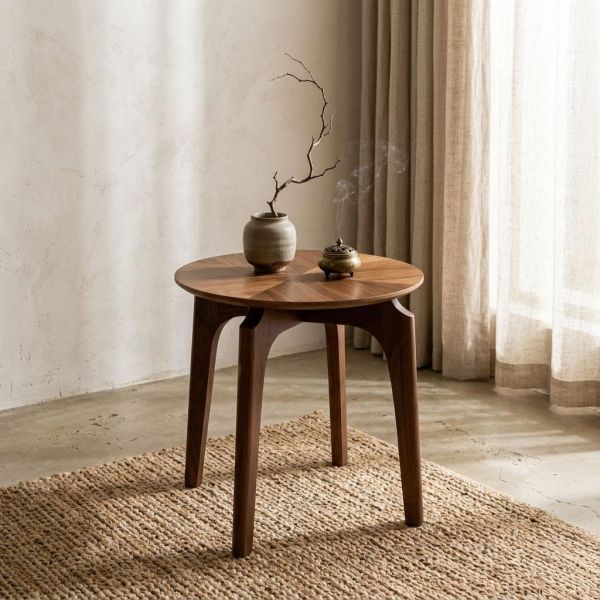 胡桃木圓形邊几 