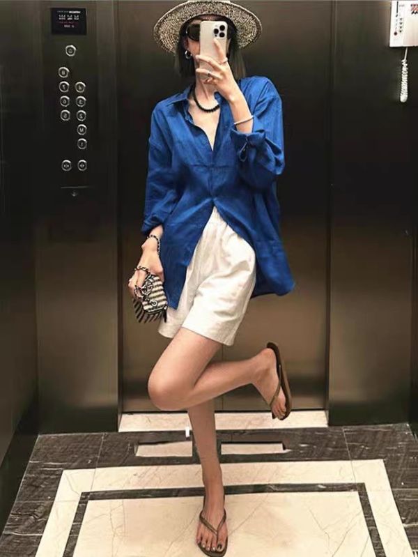 藍色慵懶風水洗棉質襯衫上衣 藍色慵懶風水洗棉質襯衫上衣