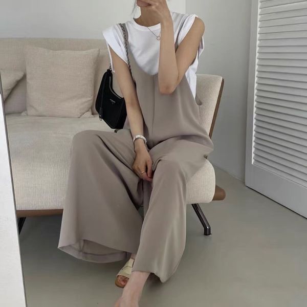 簡約杏色超長版垂感吊帶褲(不含上衣) 簡約杏色超長版垂感吊帶褲