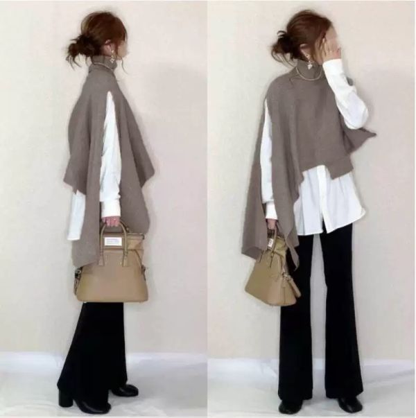 深卡色高領造型下擺不對稱針織披肩斗篷上衣 深卡色高領造型下擺不對稱針織披肩斗篷上衣