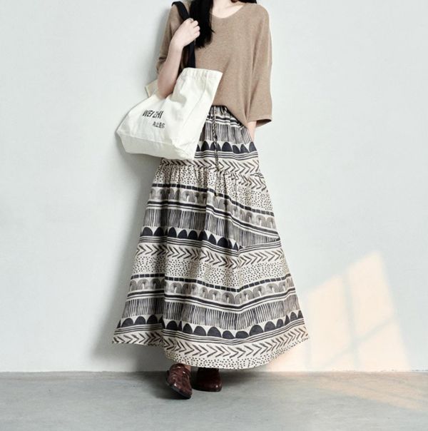 民族風幾何圖騰棉麻鬆緊帶長裙 