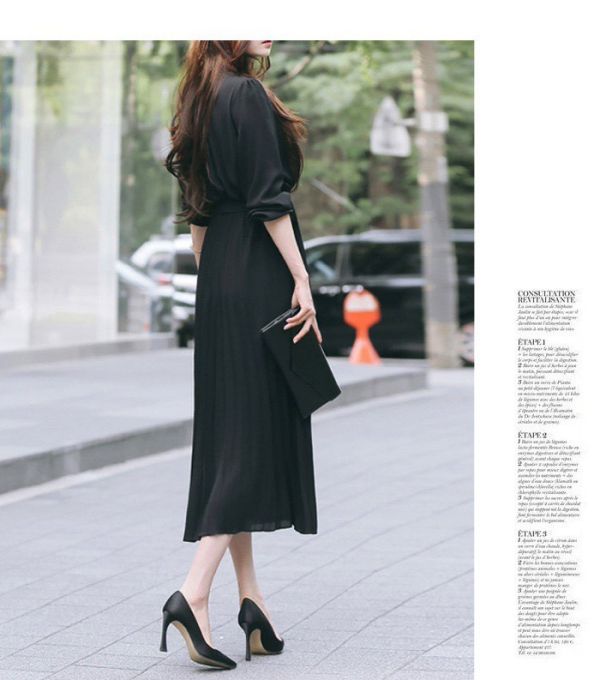 3色飄逸雪紡百褶裙綁帶長袖洋裝 3色飄逸雪紡百褶裙綁帶長袖洋裝