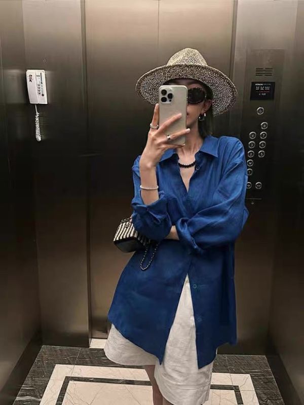 藍色慵懶風水洗棉質襯衫上衣 藍色慵懶風水洗棉質襯衫上衣