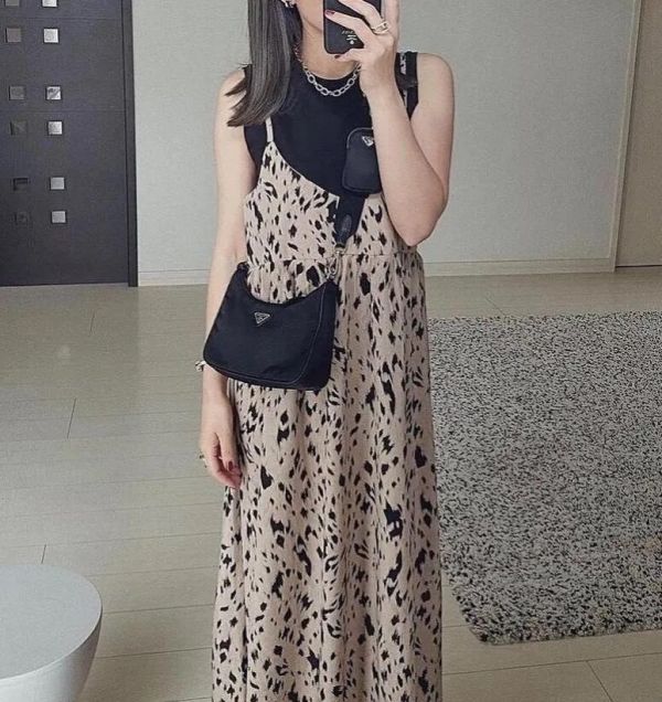 豹紋細肩帶長洋裝 
