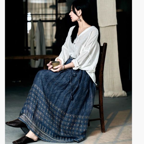 民族風棉麻飄逸印花長裙（鬆緊帶） 