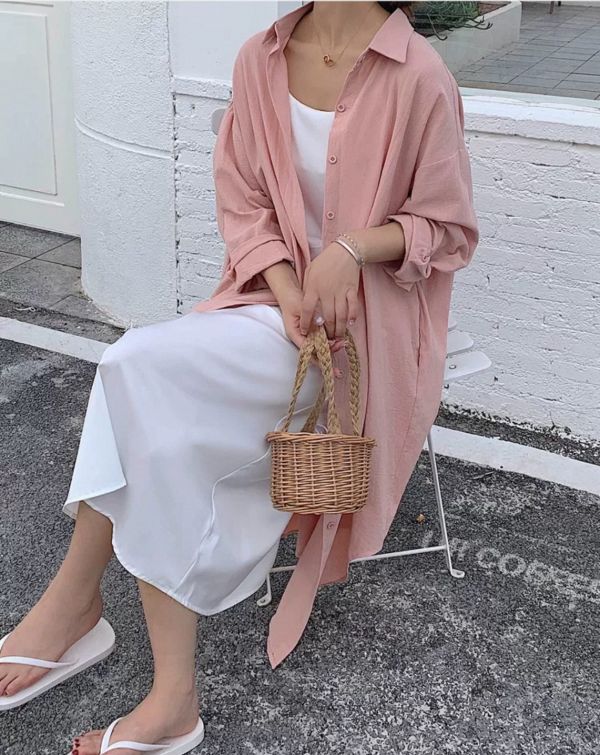 慵懶風純色寬鬆版側口袋長版襯衫 