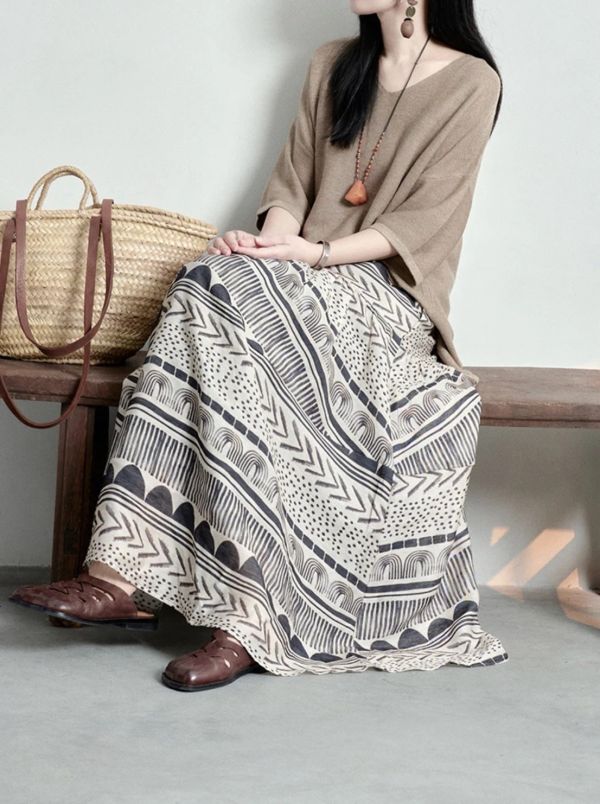 民族風幾何圖騰棉麻鬆緊帶長裙 