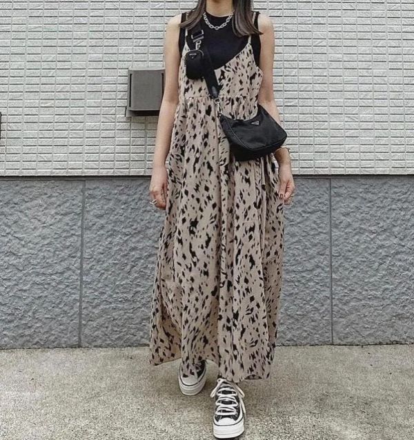 豹紋細肩帶長洋裝 