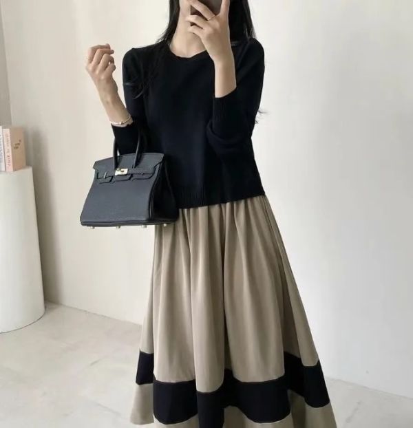 撞色針織拼接洋裝 