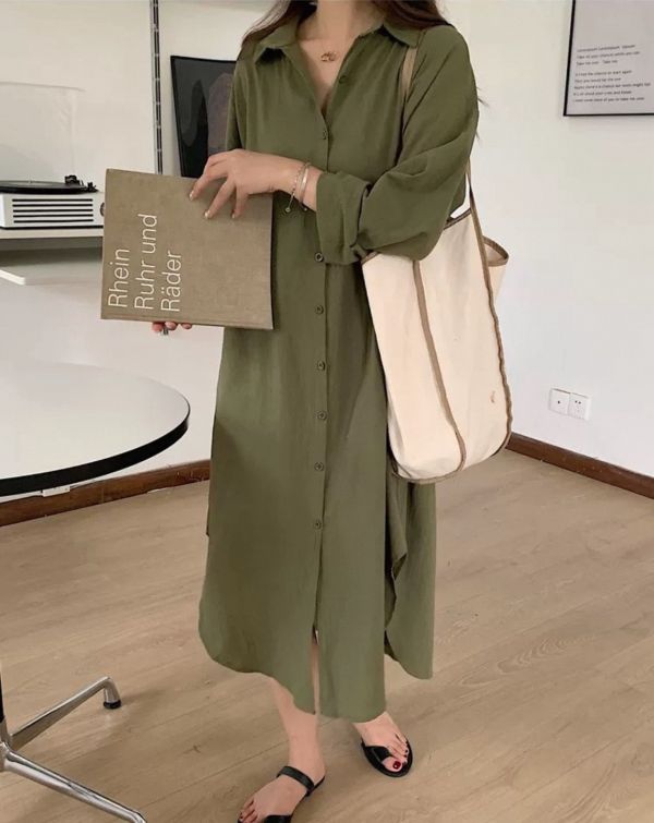 慵懶風純色寬鬆版側口袋長版襯衫 