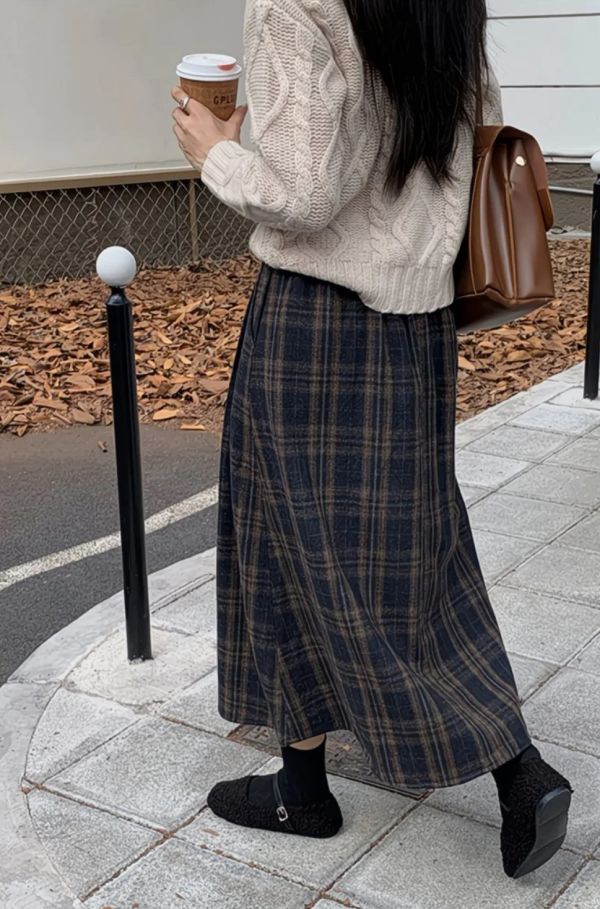 復古格紋腰後鬆緊帶毛呢長裙 復古格紋腰後鬆緊帶毛呢長裙