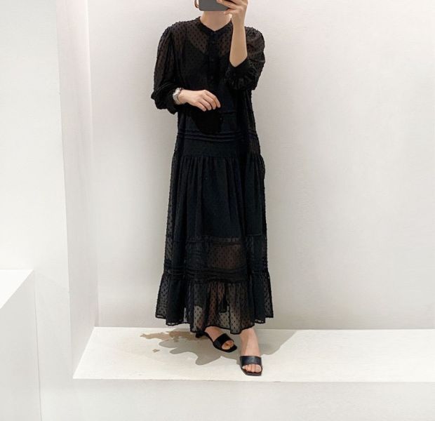 黑色雪紡點點兩件式長洋裝（含內搭裙） 