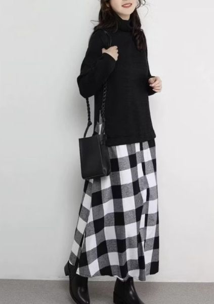 高領毛衣拼接格紋裙假兩件洋裝 