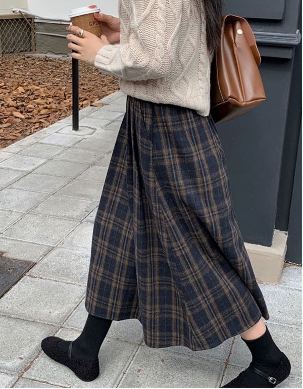 復古格紋腰後鬆緊帶毛呢長裙 復古格紋腰後鬆緊帶毛呢長裙