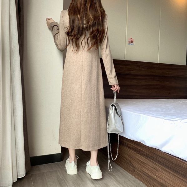 杏色壓紋連帽長洋裝 杏色壓紋連帽長洋裝