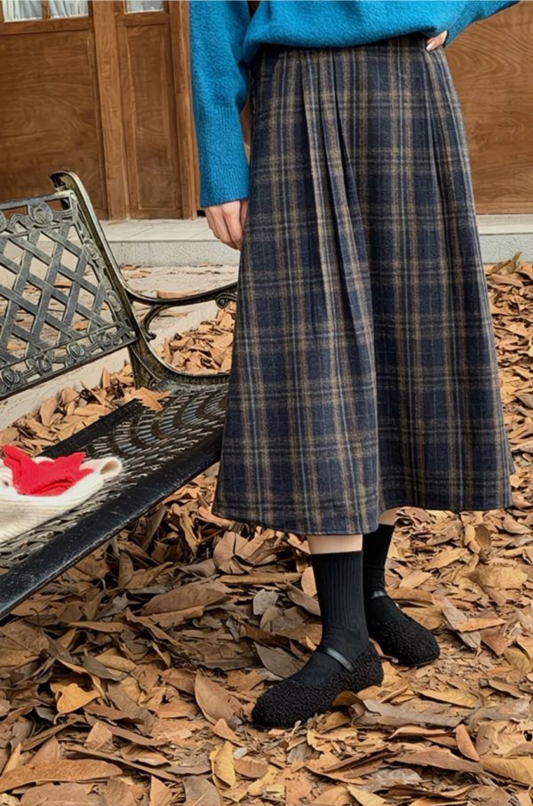 復古格紋腰後鬆緊帶毛呢長裙 復古格紋腰後鬆緊帶毛呢長裙