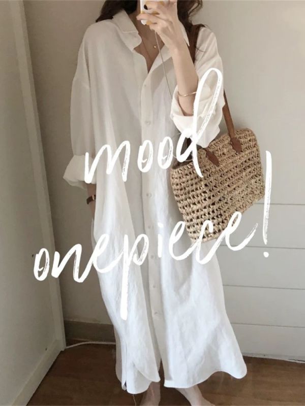 慵懶風純色寬鬆版側口袋長版襯衫 