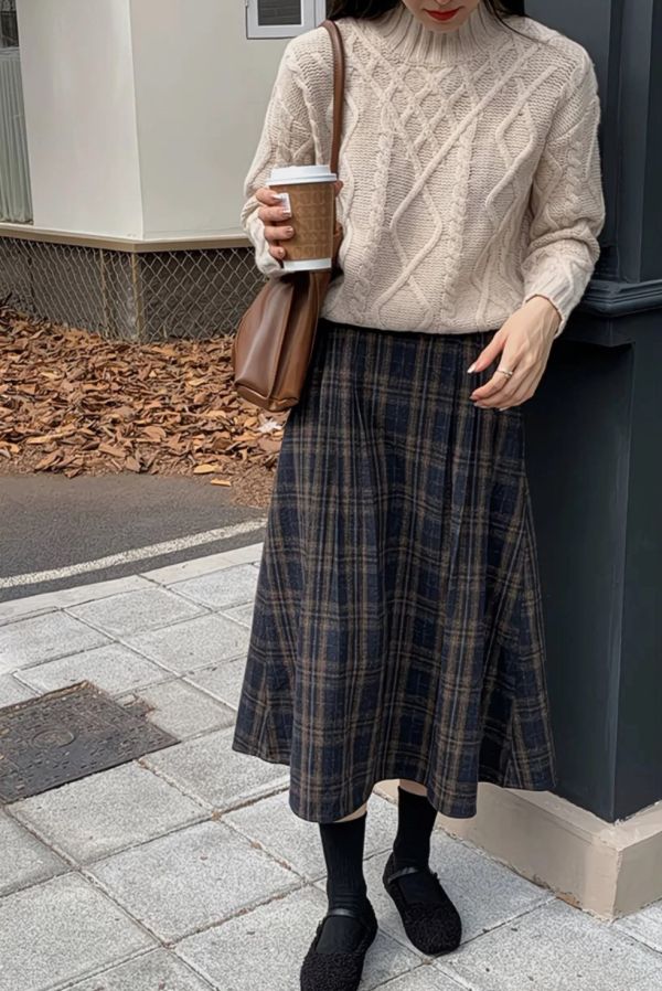 復古格紋腰後鬆緊帶毛呢長裙 復古格紋腰後鬆緊帶毛呢長裙