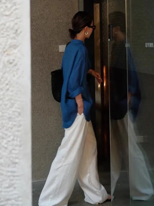 藍色慵懶風水洗棉質襯衫上衣 藍色慵懶風水洗棉質襯衫上衣