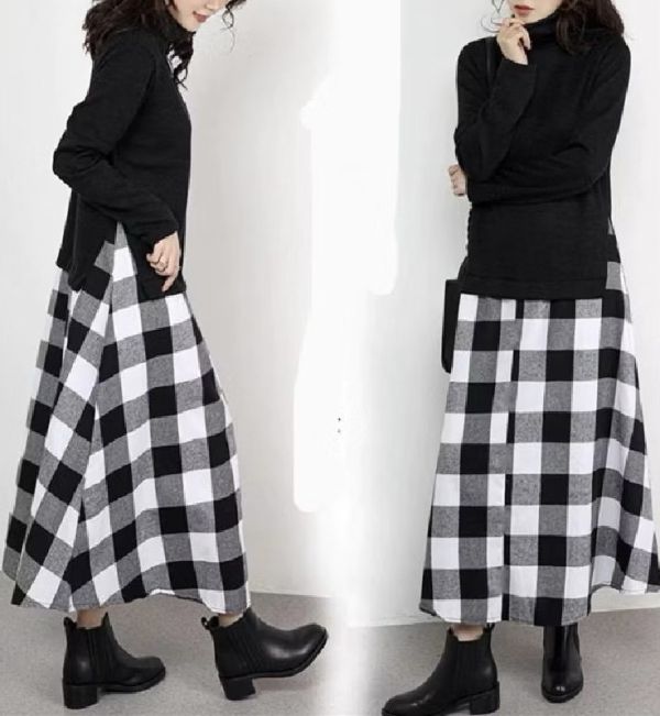 高領毛衣拼接格紋裙假兩件洋裝 