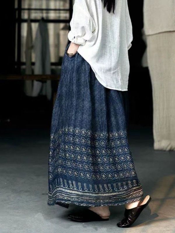 民族風棉麻飄逸印花長裙（鬆緊帶） 