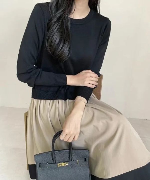 撞色針織拼接洋裝 