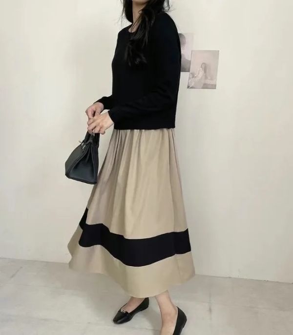 撞色針織拼接洋裝 