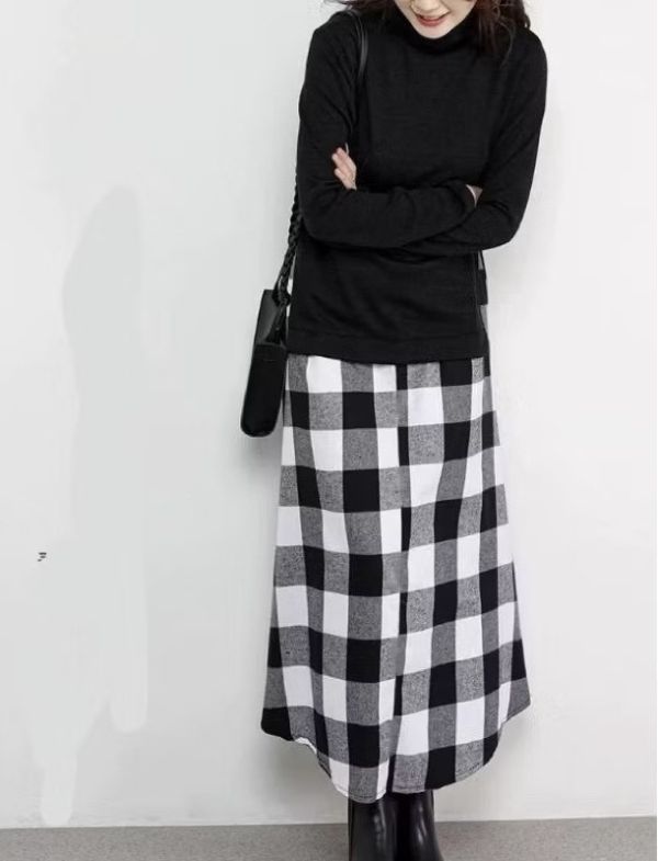 高領毛衣拼接格紋裙假兩件洋裝 