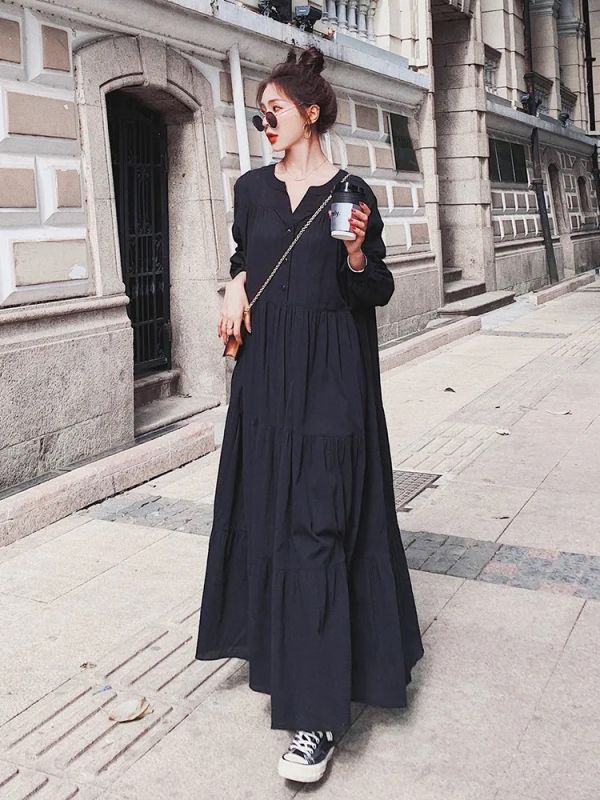 黑色燈籠長袖蓬蓬蛋糕裙長洋裝 黑色燈籠長袖蓬蓬蛋糕裙長洋裝