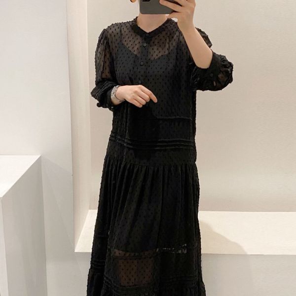 黑色雪紡點點兩件式長洋裝（含內搭裙） 