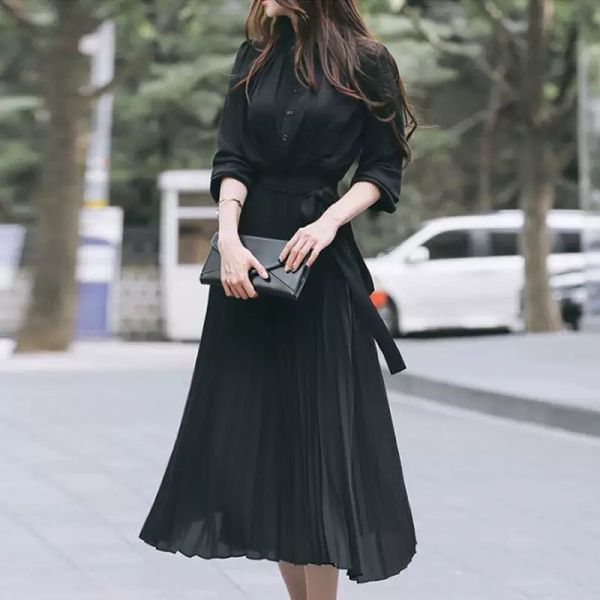 3色飄逸雪紡百褶裙綁帶長袖洋裝 3色飄逸雪紡百褶裙綁帶長袖洋裝